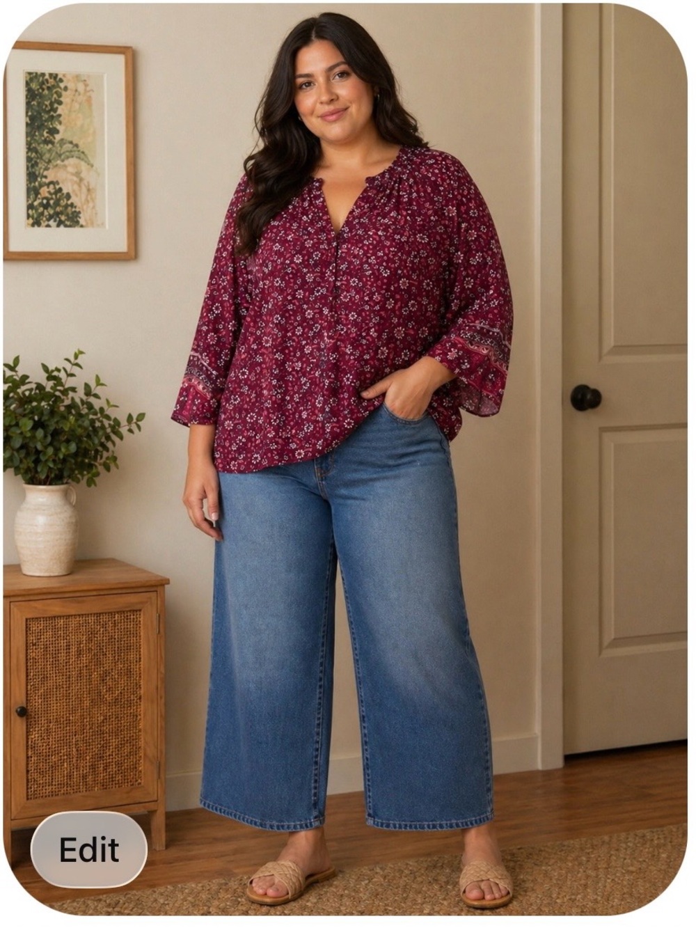 Women's Floral Peasant Blouse in Burgundy